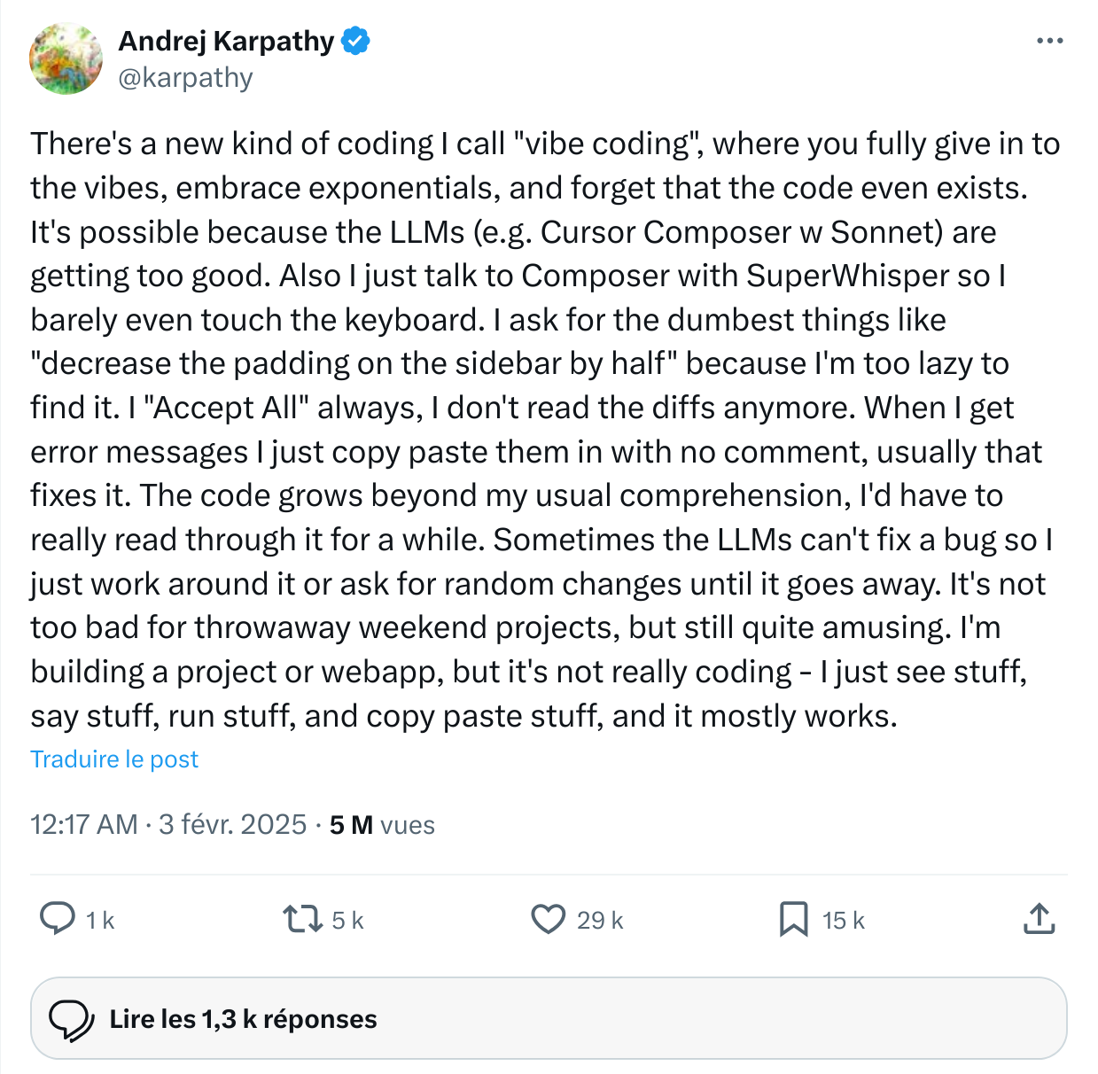 Tweet d'Andrej Karpathy sur le vibe coding